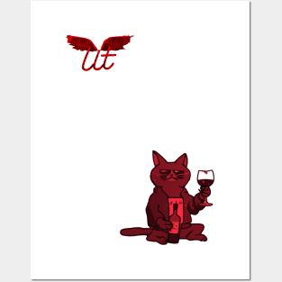 LitQ - Cute cat drinks wine on Valentine's Day anime art vibe Posters and Art